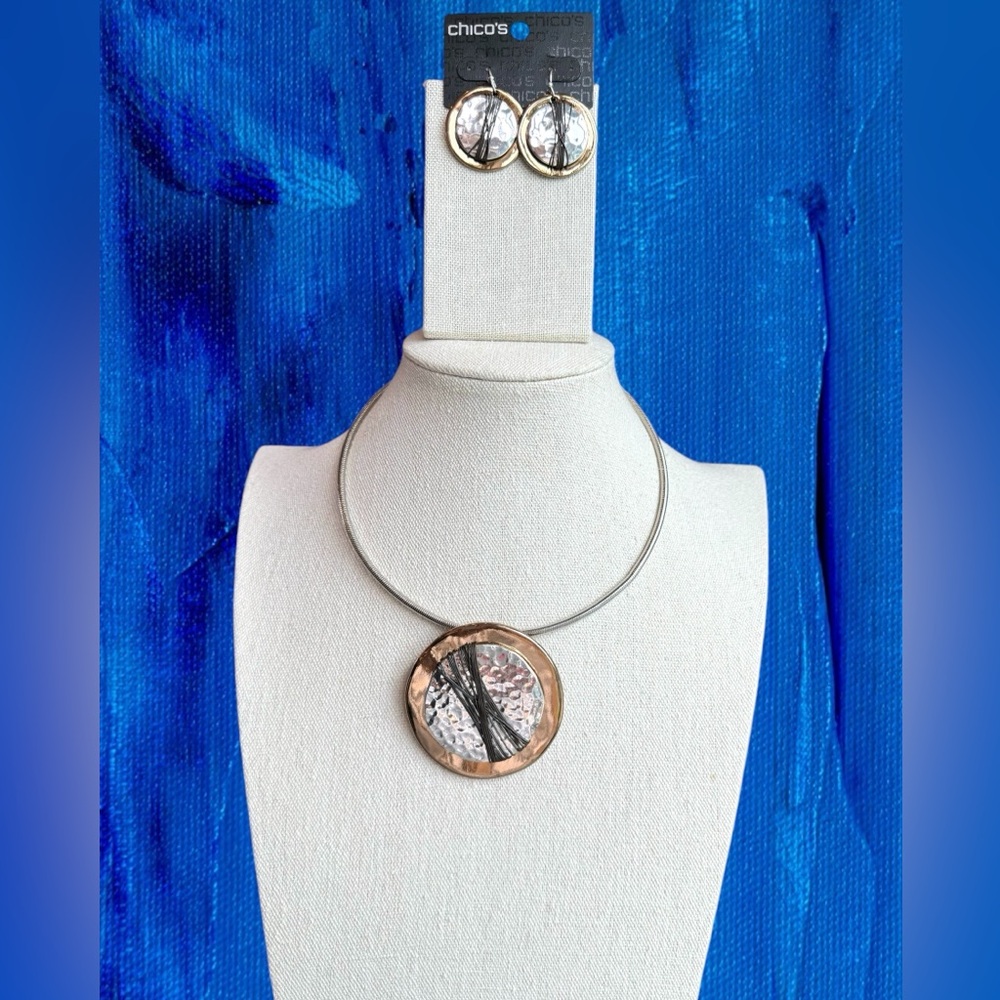 Chico's Elegant Silver and Gold Necklace Set with Matching Earrings